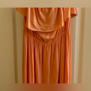 Papaya, size medium, peach color strapless full length dress.